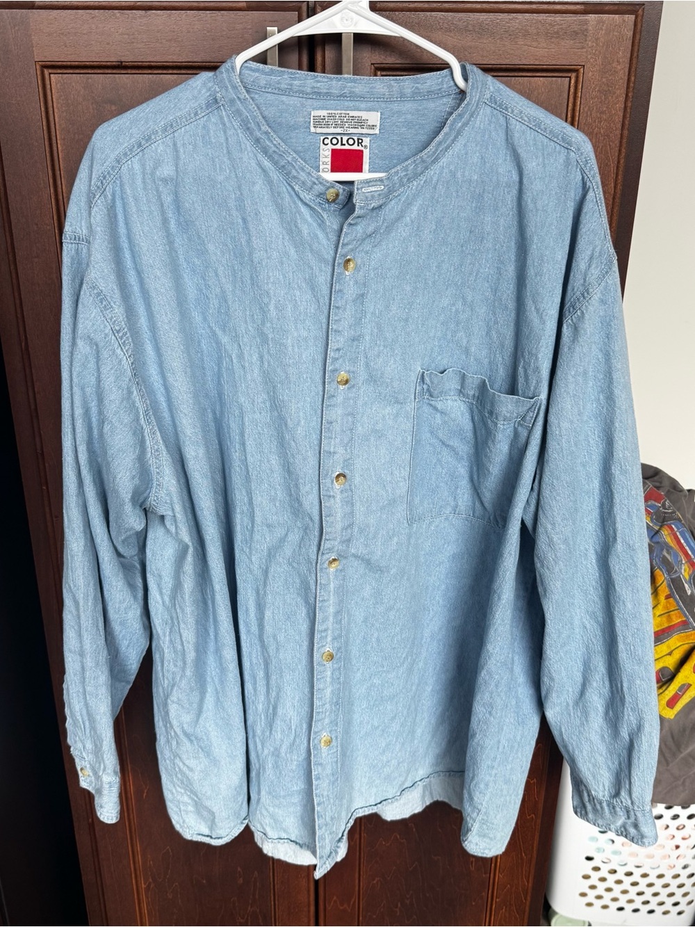 90s Vintage Light Wash Denim Band Collar Shirt 2X